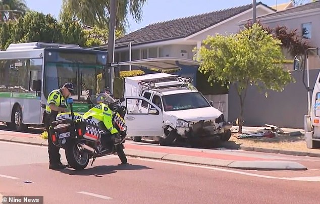 The ute allegedly drove down the footpath in an attempt to overtake the bus and collided with a power pole before hitting Coral Kerr.