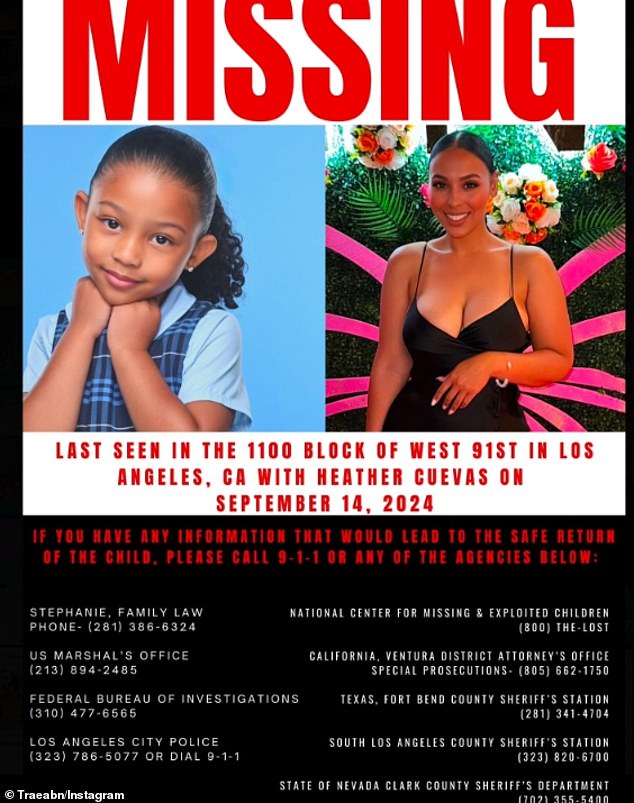 The Houston-born rap artist had previously reported Truth missing to police, saying she had last been seen on August 14 with her mother Cuevas, 36, during a weekend visit. A notice he posted on Instagram last month listed an erroneous date of disappearance.