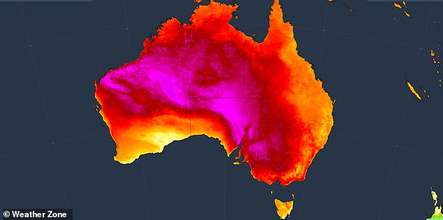 Parts of southern Australia will reach a sweltering 40C and the extreme heat is forecast to last until Monday depending on the climate zone (weather map pictured)