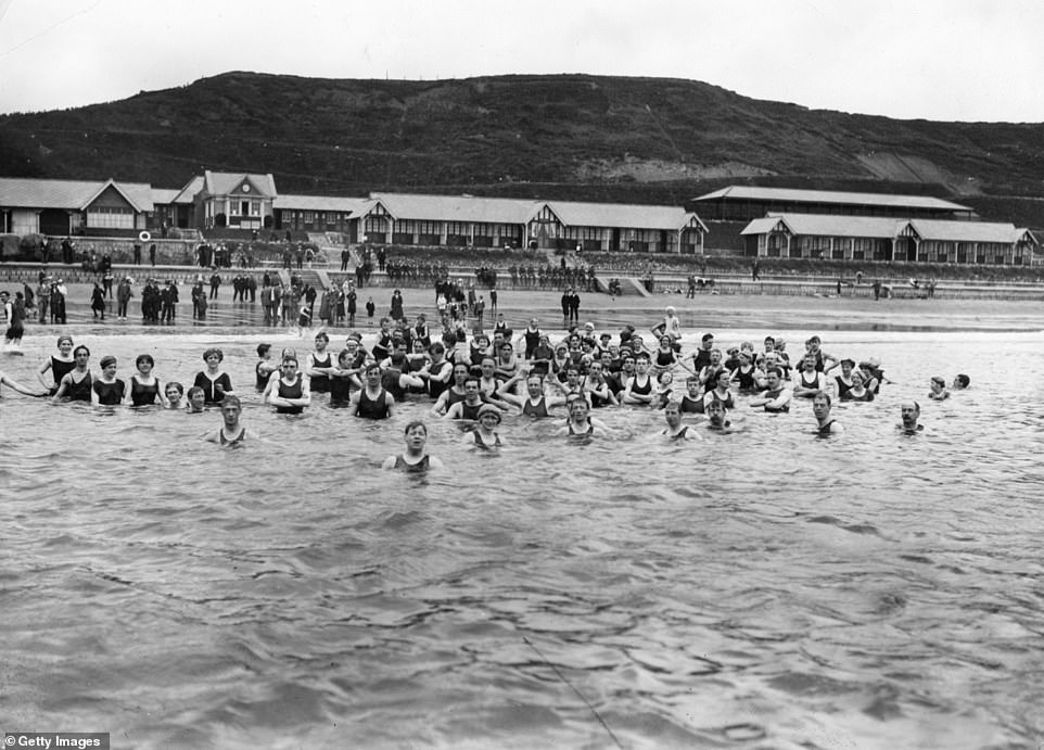 Bathers in the sea at North Sands Beach in Scarborough in 1914. From the early 17th century, Scarborough had been established as 