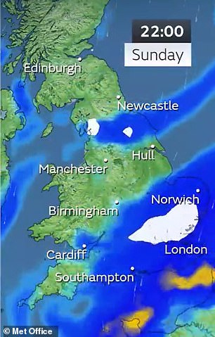 Met Office snow map, Sunday at 10pm