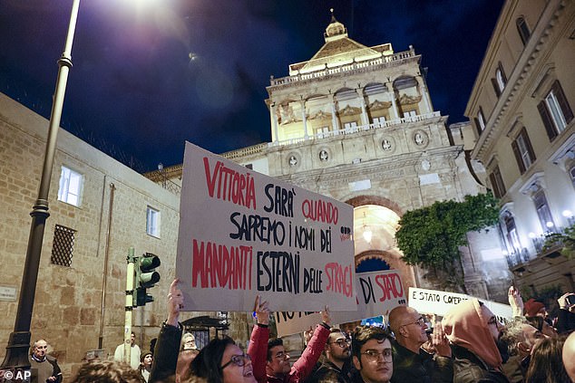 Anti-mafia protesters gather in Palermo in 2023 after mafia boss Matteo Messina Denaro was arrested after being on the run for 30 years.