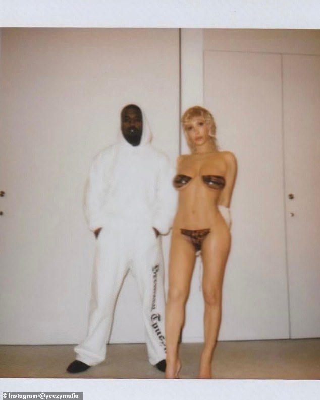 She also wore a barely-there bikini in another image, paired with blonde locks, while posing with a fully clothed Kanye.