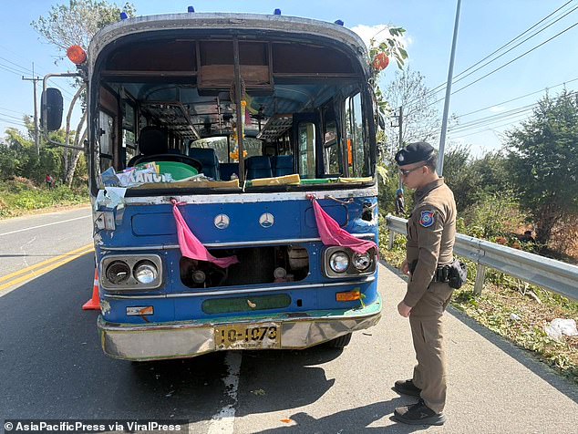 The windshield of the bus was completely shattered.