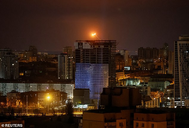 A drone explosion is seen in the sky over the city during a Russian drone strike, amid Russia's attack on Ukraine, in kyiv, Ukraine, January 3, 2025.