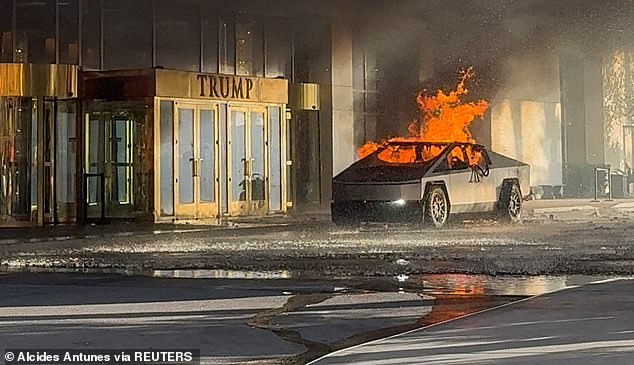 A Tesla Cybertruck exploded outside the Trump International Hotel in Las Vegas, Nevada on Wednesday, January 1, 2025. The driver shot himself before the explosion occurred