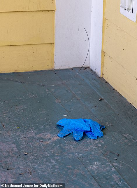 A pair of blue latex gloves were found discarded on the porch