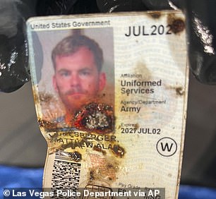 Among the charred items found in the truck were a gun at Livelsberger's feet, another firearm, a number of fireworks, a passport, credit cards, an iPhone, a smartwatch and his military ID (photo)