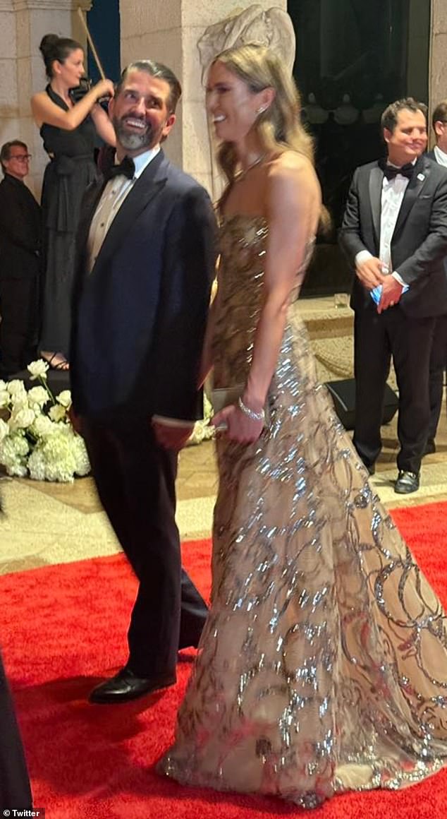 While Don Jr. may have looked dapper in a black tuxedo and matching bow tie, Anderson stole the show, looking dapper in a sparkly, strapless, sequined Elie Saab dress.