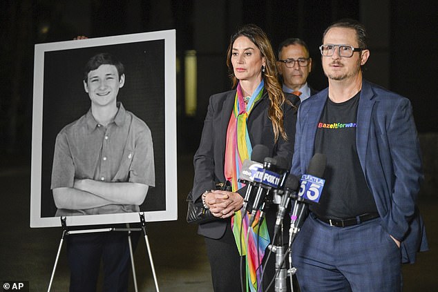 Gideon Bernstein and Jeanne Pepper Bernstein, parents of Blaze Bernstein, speak at a press conference after Samuel Woodward was sentenced to life without parole