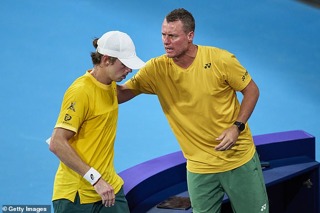 Australian tennis legend Lleyton Hewitt believes De Minaur is good enough to win his first Grand Slam on home soil (pictured together during the United Cup).