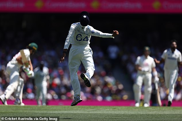 Yashasvi Jaiswal was seen behind the stumps waving both his hands in the air in joy after taking Sam Konstas' chance.