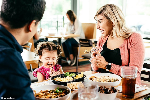 A Noodles & Company promotional photo of a family eating at one of their restaurants