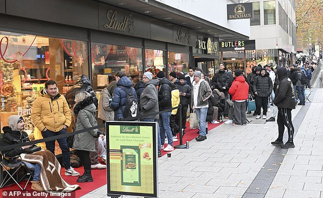 Hundreds of customers line up to get their hands on Lindt's Dubai-style chocolate bar in Stuttgart, southern Germany, on November 15.