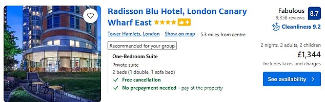 A family of four can stay at the four-star Radisson Blue Hotel in Tower Hamlets for a weekend for £1,344