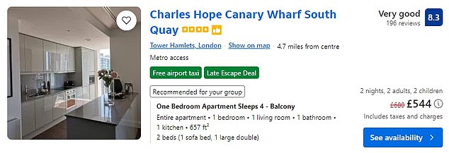 A cheaper alternative is a one-bedroom apartment in Tower Hamlets for £544, which offers a double bed and a sofa bed.