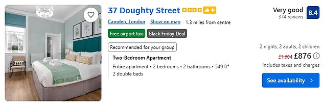 Vacation rentals in London tend to be more expensive than hotels. A two-bedroom apartment in Camden is advertised for £876 for two nights for a family of four with two children.