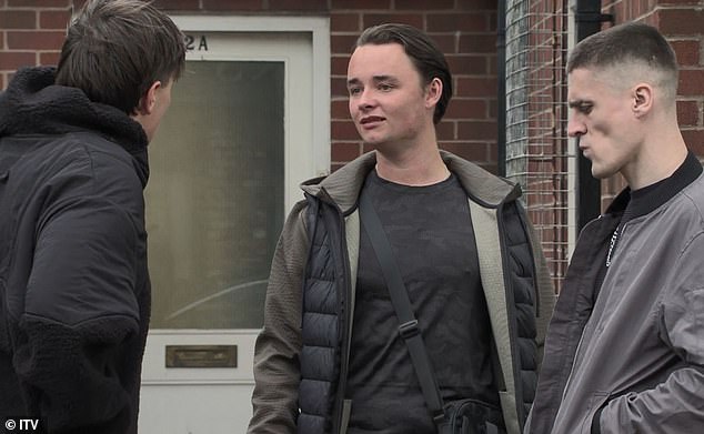 The violent attack, which will air on ITV on Monday, will leave Mason in a critical condition after his brothers Matty (Harry Lowbridge on the right) and Logan (Seamus McGoff on the left) brutally attacked him with a zombie knife.