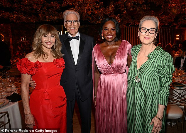 Meanwhile, The Devil Wears Prada stars' floaty ensemble featured a V-neckline and ruffle detailing on the sleeves (LR Mary Steenburgen, Ted Danson, Viola and Meryl).