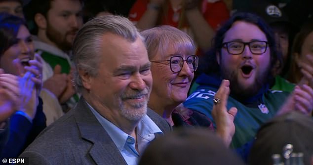 The show featured cameos from Kelce's wife Kylie and his parents Ed and Donna (above)