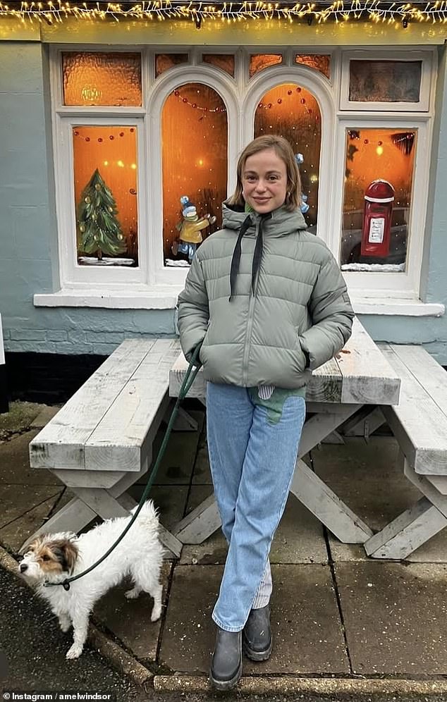 Lady Amelia Windsor also posted an image of herself standing in front of a festive building in a casual outfit consisting of a green quilted coat and light wash denim jeans.