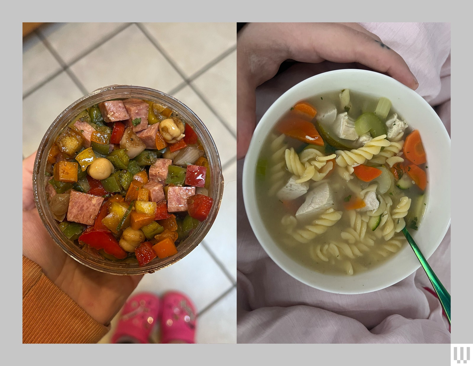 Left Aerial view of a transparent container with meat, vegetables and broth inside. Right Aerial view of a white ceramic...