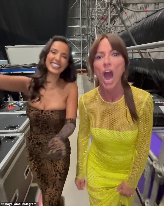 Meanwhile, Davina, 57, cut a glamorous figure in a neon yellow embellished dress as she and Maya joked backstage.