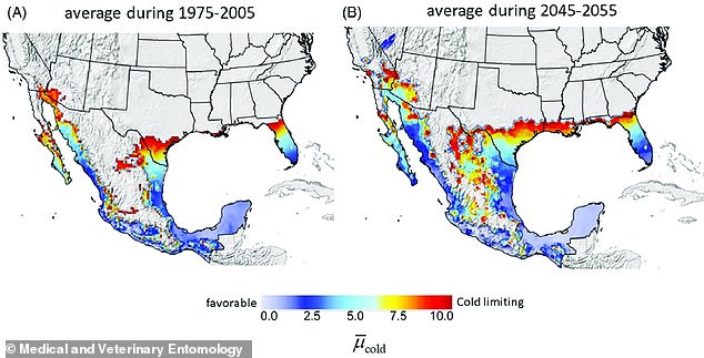 A map showing where the screwworm is currently found and how deep it is expected to penetrate the United States by 2055.