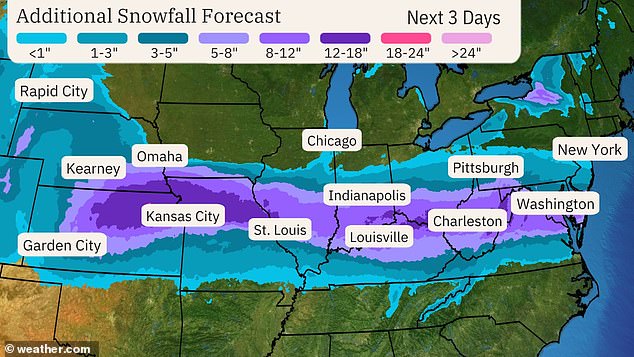 A smaller snowfall of four to nine inches will also blanket parts of the Mid-Atlantic, weather officials predict