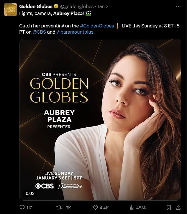 On Thursday, January 2, the Golden Globes Instagram account shared a photo of Plaza telling fans to see her presenting at this weekend's ceremony.