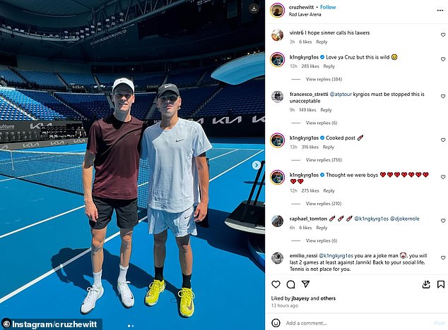 Hewitt, son of Australian tennis great Lleyton, had the opportunity to train with Sinner at Melbourne Park on Saturday, and Kyrgios was not impressed.