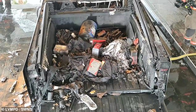 The contents of the trunk of the Cybertruck, where the bomb was stored and detonated