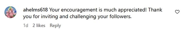 A user named @ahelms618 said: 'We really appreciate your support! Thank you for inviting and challenging your followers.