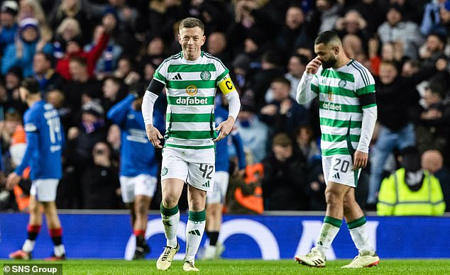 Captain Callum McGregor grimaces as Celtic suffer during their 3-0 defeat at Ibrox.