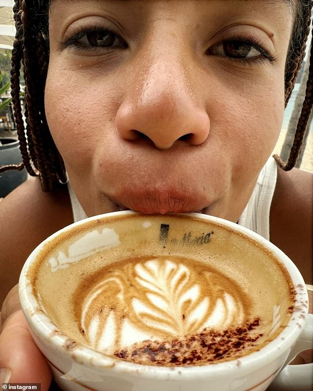 The footballer also took a close-up of Mary enjoying a cappuccino and falling asleep on the plane.