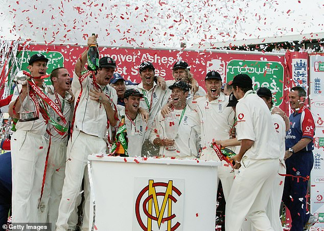 The England team celebrates after winning back the Ashes during day five of the Ashes Test match between England and Australia at the Brit Oval on September 12, 2005.