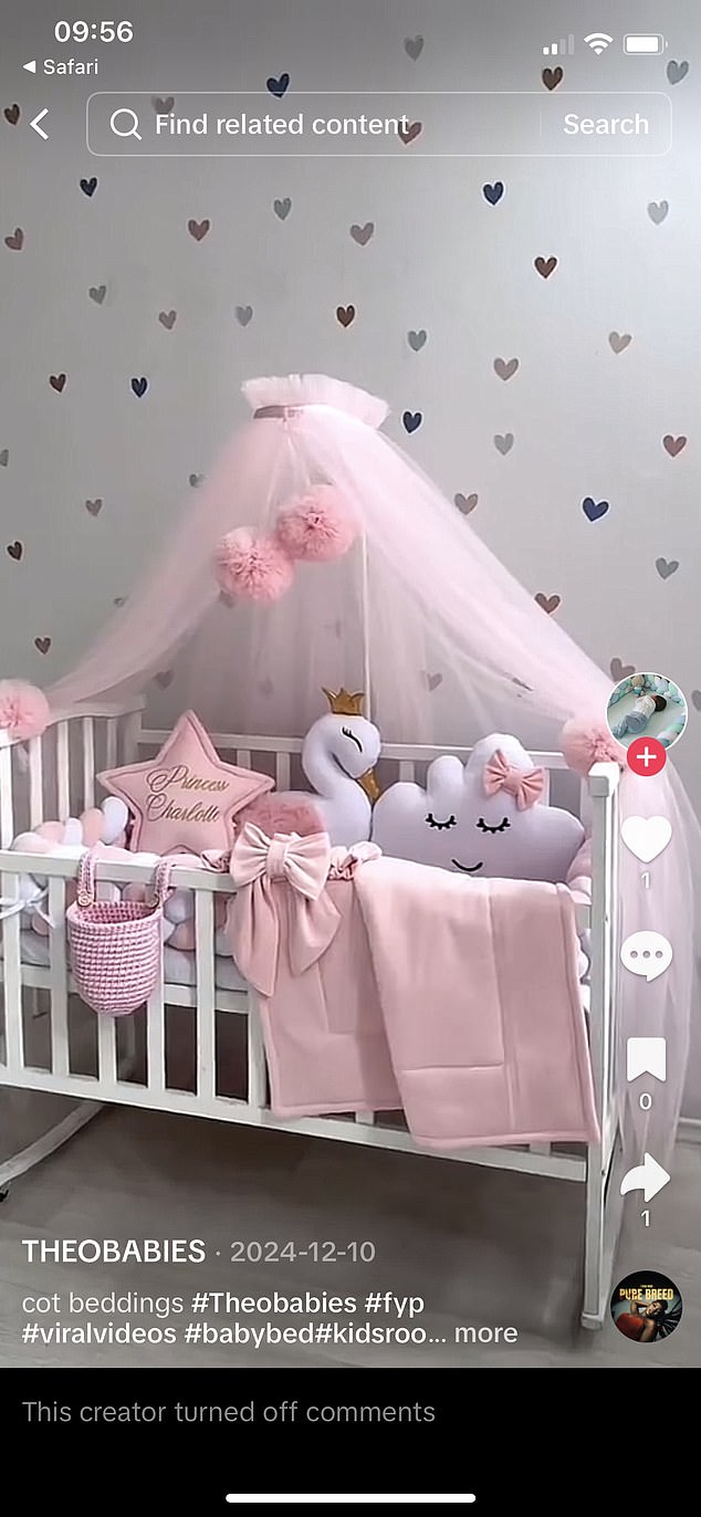 A TikTok post showing a crib decorated with a pink canopy and matching pillows and blankets.