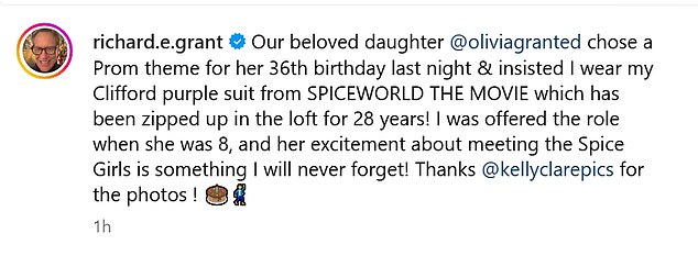 Richard E. Grant, 67, got into the party spirit to celebrate his daughter Olivia's 36th birthday on Sunday, wearing a monochrome purple suit he last wore nearly 30 years ago for the Spice Girls movie, Spice World. .