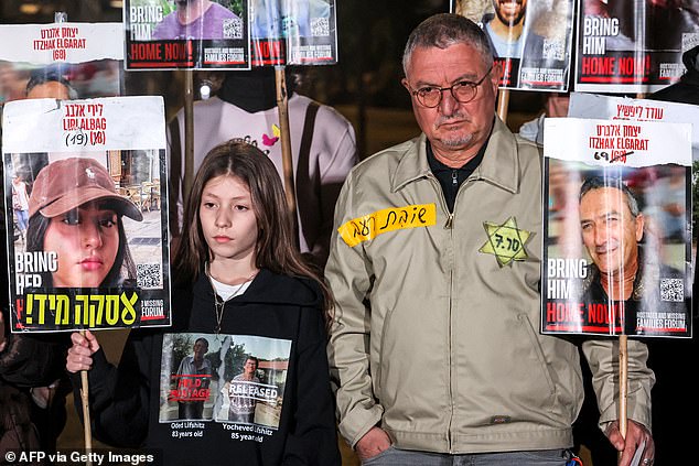 Liri's relatives call for her release during a protest today in Tel Aviv