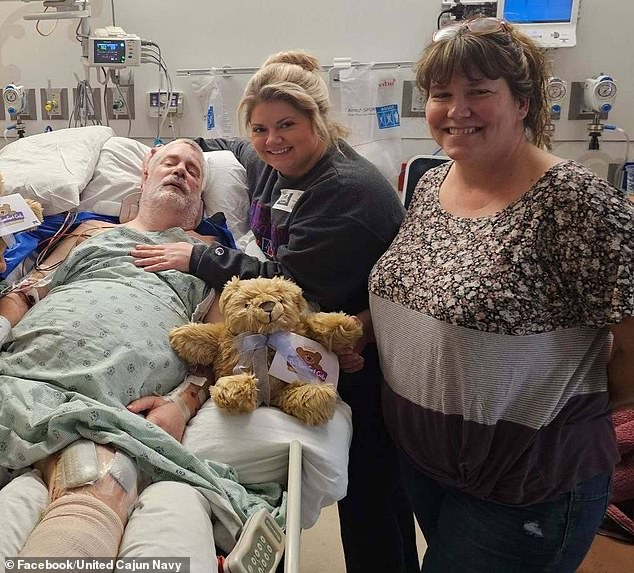 The family has set up a GoFundMe to help with medical expenses, and the United Cajun Navy gifted Sensky (pictured with his daughter (center) and wife (right)) a new wheelchair.