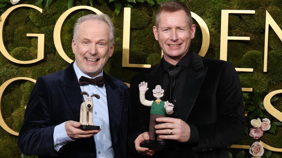 Nick Park and Merlin Crossingham attend the 82nd Golden Globe Awards at the Beverly Hilton on January 5, 2025 in Beverly Hills, California