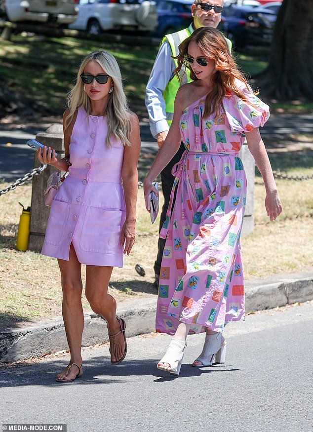 The radio queen, who turns 50 this month, stepped out in a pale pink Oroton shift dress that showed off her tan embellishments, while Gemma turned heads in a long, flowy dress.