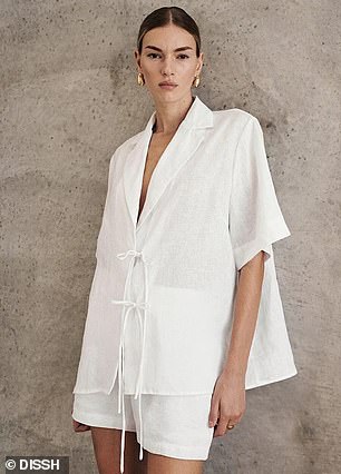 Pictured: Dishh Emelia White Linen Wrap Shirt, which costs $119.99