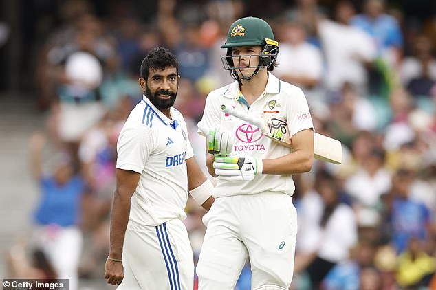 Indian star Jasprit Bumrah is pictured sharing some heated words with Konstas after the Australian lost his wicket at the SCG.