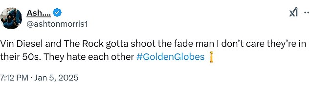 Another fan nicknamed @ashtonmorris1 said: 'Vin Diesel and The Rock have to shoot the faded man. I don't care that they are 50 years old.' They hate each other.