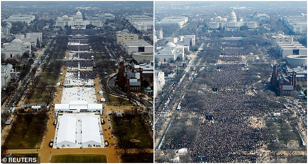 It's likely that more people will come to Trump's inauguration than in 2017 (left). Trump made big claims about the size of his inaugural crowd, forcing press secretary Sean Spicer to say he had larger numbers than President Barack Obama did in 2009 (right)