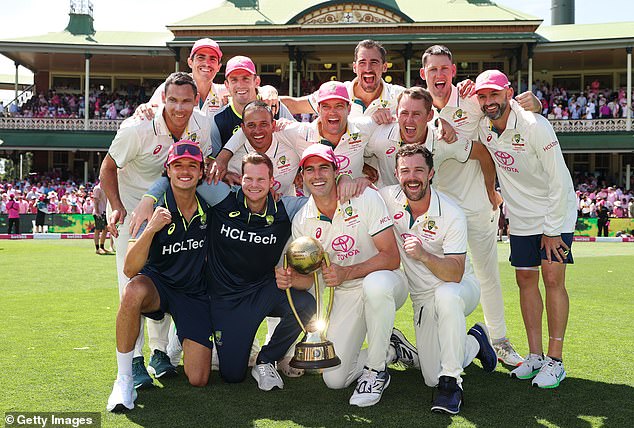 Australian captain Pat Cummins and his team (pictured together after the series win in Sydney) have become one of the best teams in the country's history.