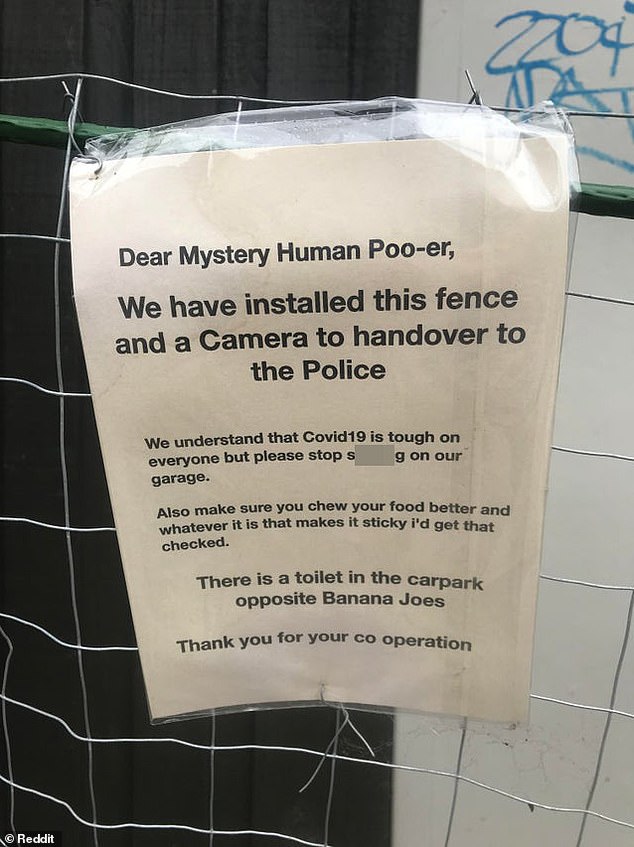 The message left by a Marrickville homeowner on a fence outside his garage to prevent a mystery person from pooping on his property.