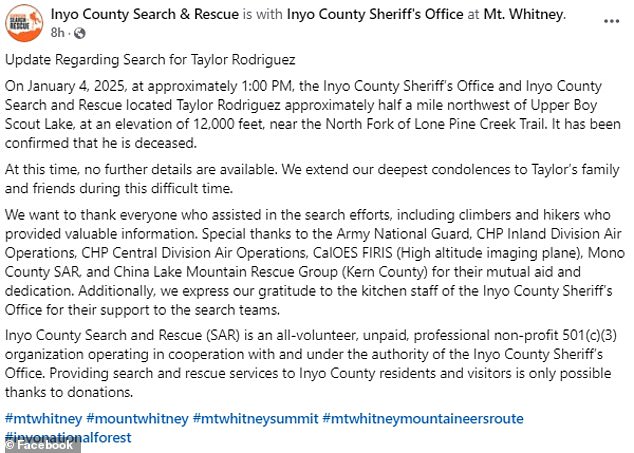 The Inyo County Sheriff's Office announced Saturday how search teams found Taylor Rodriguez's body