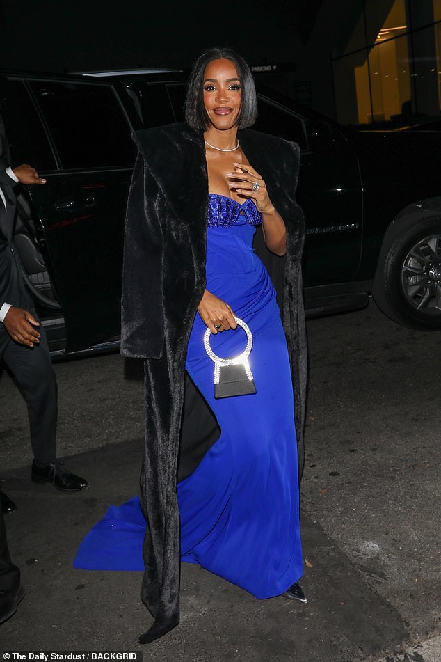 Speaking of which, UTA client Kelly Rowland arrived at the after-party wearing a cleavage-enhancing blue dress under a black faux fur coat selected by stylist Wilford Lenov.